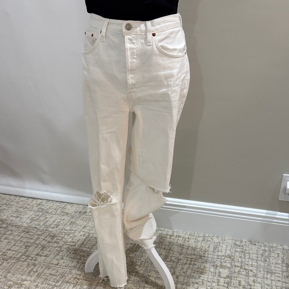Re/Done Off-White Distressed Boyfriend Jeans with button fly